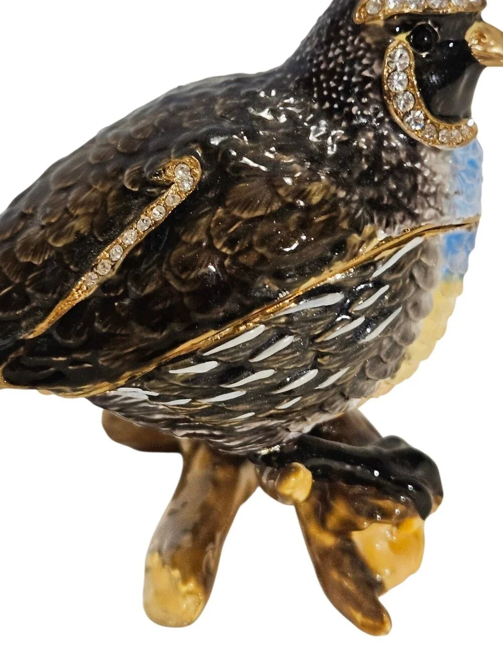 Bejeweled Quail Bird Perched On A Log Trinket Box